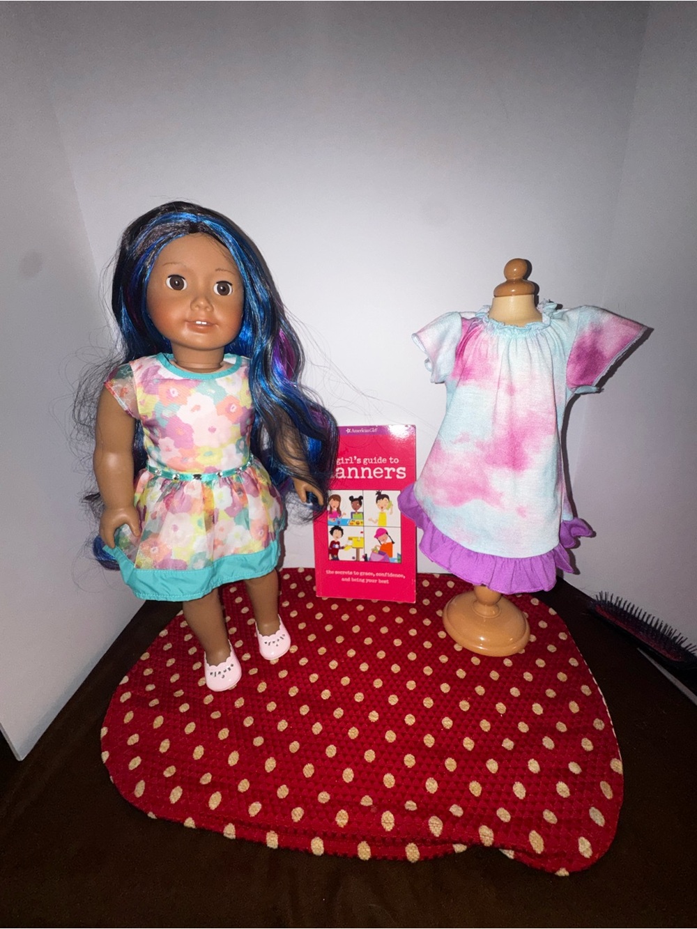 American Girl 18" Doll ~ Custom ~ AG Bright Blooms Dress ~ Shoes~ Book ~ New Wig